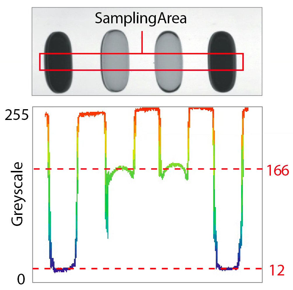 Capsules being viewed with a monochromatic camera and green filter yielding a contrast of 86.5%.
