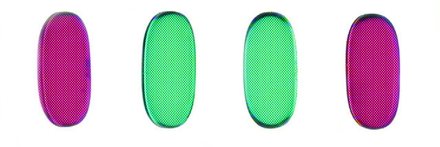 Four liquid capsules under inspection with the same vision system, shown here in color.